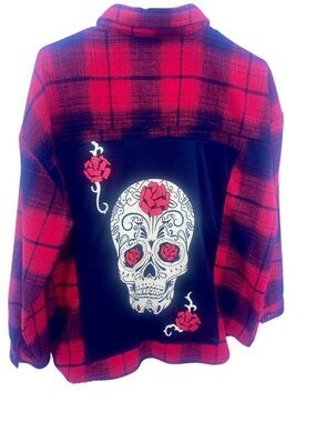 Upcycled Red / Black Plaid Flannel Shirt with Skull Back Panel size XXL